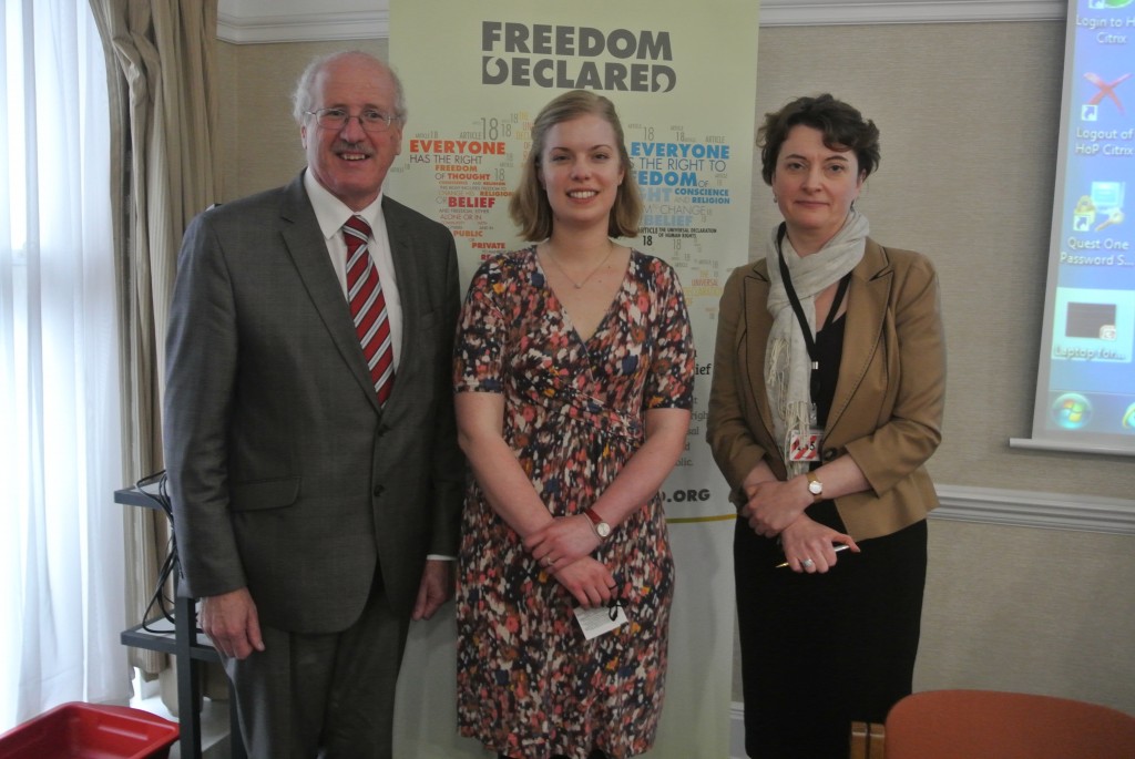 Jim Shannon MP and Baroness Berridge, Chairs of the APPG for International Freedom of Religion or Belief, flank Zoe Smith, Open Doors UK Advocacy Director