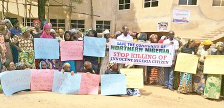 Displaced Christians expressed their anger at the headquarters of the Church of the Brethren, or EYN Church, in Jos. Nov. 17 World Watch Monitor